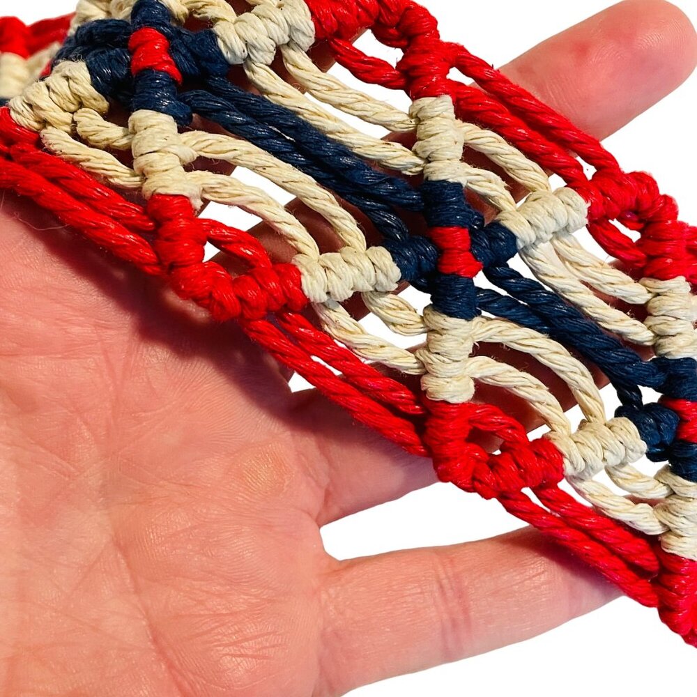 Vintage Woven Belt W/ Faux Leather Accents & D-Ring Buckle - Red White Blue - Si - Picture 9 of 12